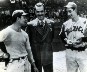 Jorge Pasquel chats with two of his new players during a practice session in Mexico City — Danny Gardella, formerly of the New York Giants (left) and one-time Brooklyn Dodgers slugger Luis Olmo (right).