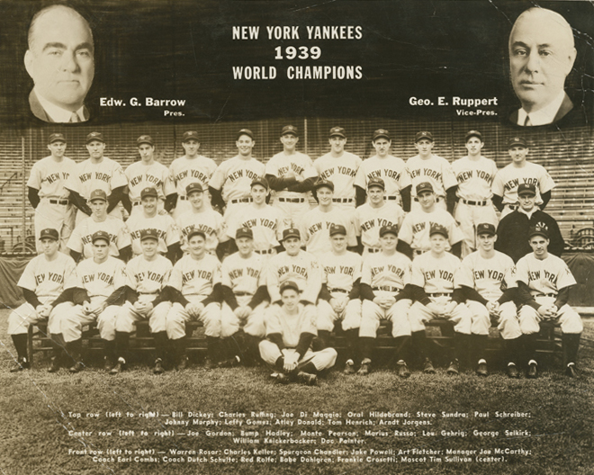 Schreiber joined the New York Yankees as a practice pitcher in 1938. He is pictured here fourth from left in the center row, next to an already ill and disabled Lou Gehrig.