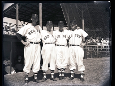 Boston Red Sox Coaches—Paul Schreiber, Del Baker, Buster Mills and George Susce—at spring training in Sarasota, Florida in 1954.